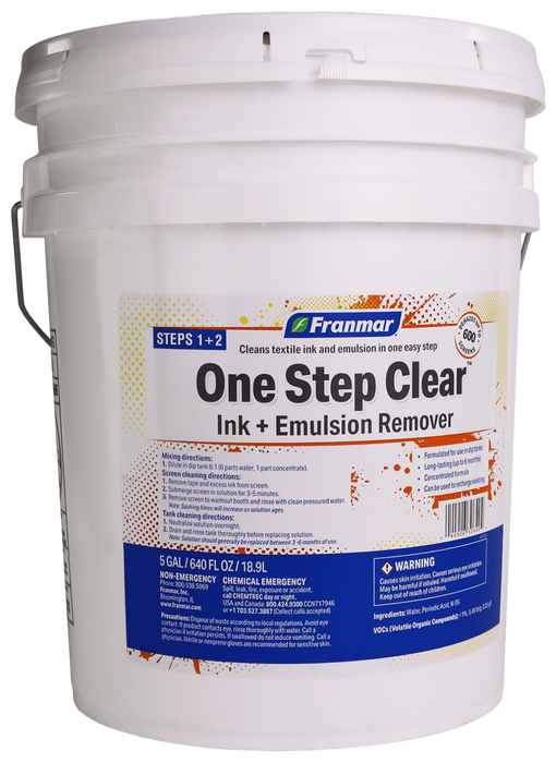 Franmar Ink + Emulsion Remover - One Step Clear - 1:6 Dip Tank Solution - 5 Gallon